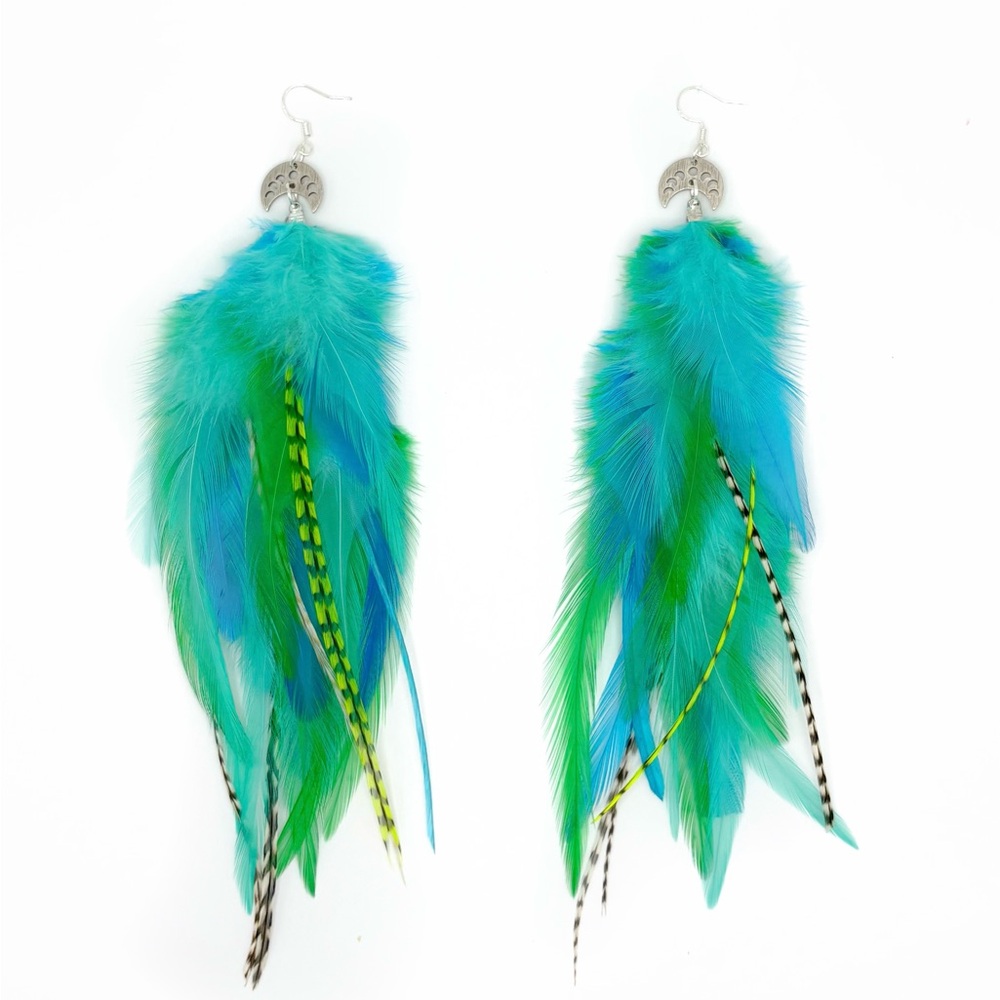 Elegant Feather Earrings in Blue and Green - bright neon colors